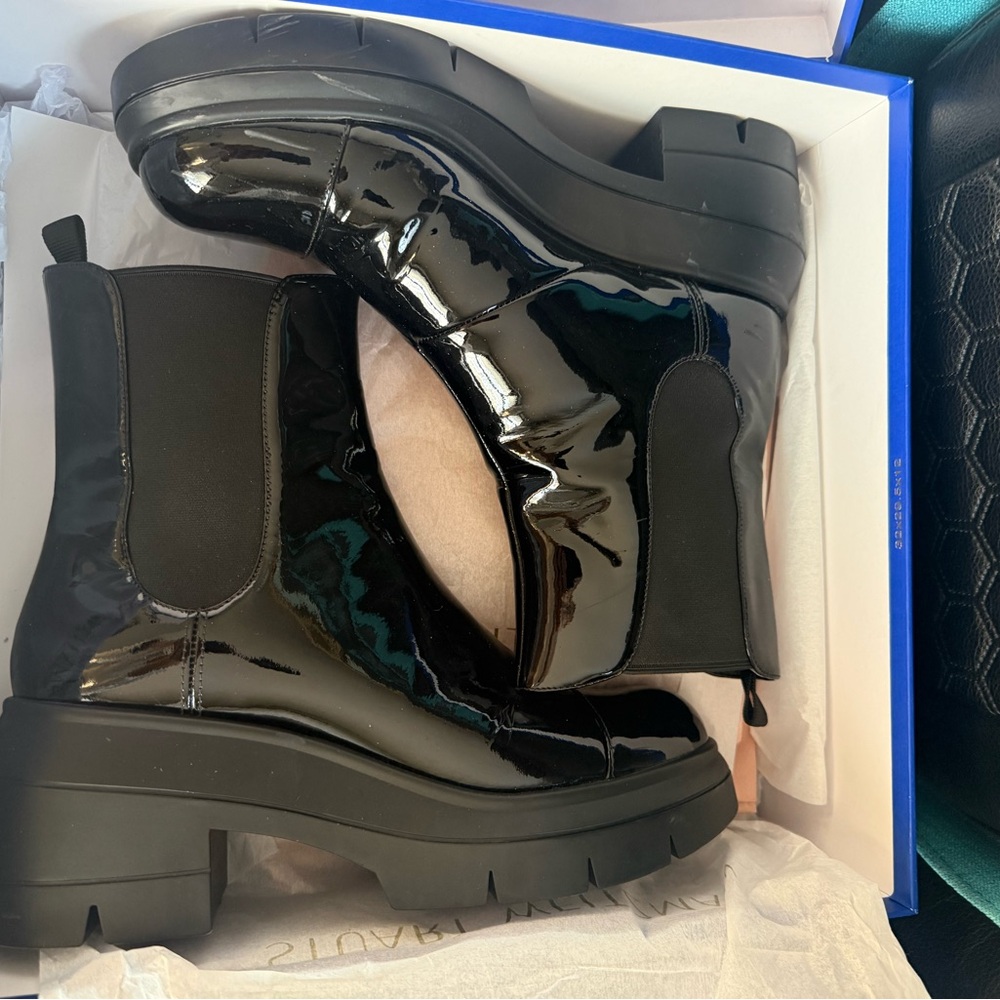 Stuart Weitzman NORAH Black Patent Leather Ankle Boots